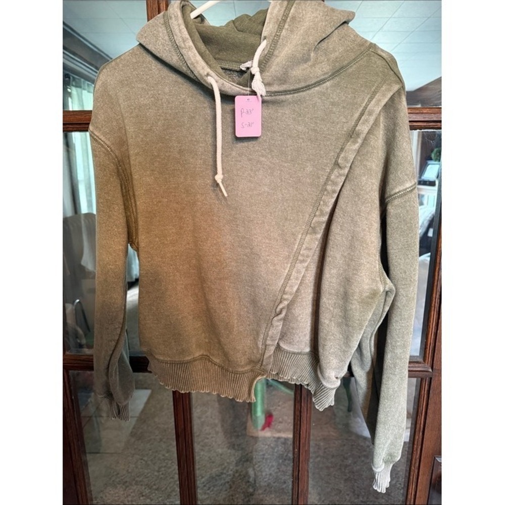 Zenana Womens Asymmetrical Wrap Mineral Wash Hoodie Olive Green S Earthy Boho
